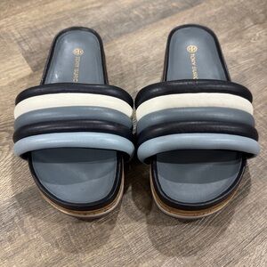Tory Burch Quilted Platform Slide Sandal in Colorblock Napa Leather- Blue, 10M